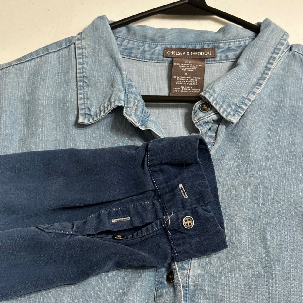 Chelsea & Theodore XL Blue Ombre Tencel Lyocell‎ Button Up Shirt Roll Tab Sleeve